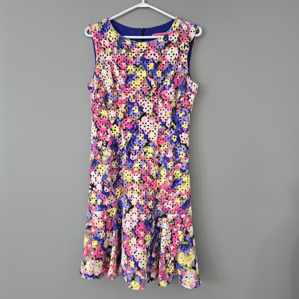 Betsey Johnson Vibrant Abstract Floral Fit-and-Flare Dress in Pink, Blue, Yellow